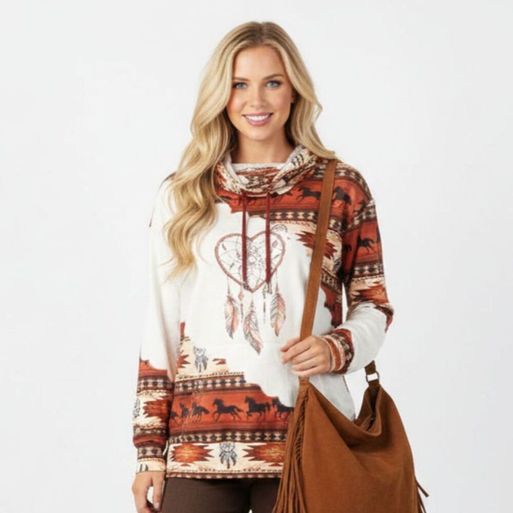 Horse Equestrian Dreamcatcher Western Print Long Sleeve Hoody Sweatshirt Top S